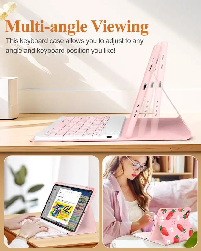 Alt view image 5 of 5 - Uppuppy for iPad Air 11 inch Case 2024 - Air 5th/4th Generation 10.9, Pro 11 Case with Keyboard Pencil Holder Tablet Cover Folio Women Cute Girls Kawaii Strawberry for iPad Air 11 2024 (M2), Pro 11