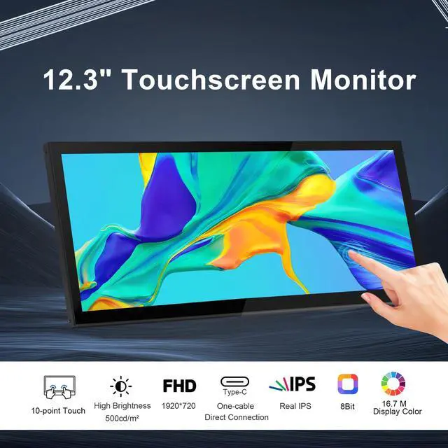 Alt view image 2 of 5 - 12.3 Inch Touch Screen Monitor IPS 1920x720 Stretched Bar LCD Mini Secondary Screen Portable Display HDMI for Laptop PC Temperature Aida64 GPU CPU RAM Monitoring