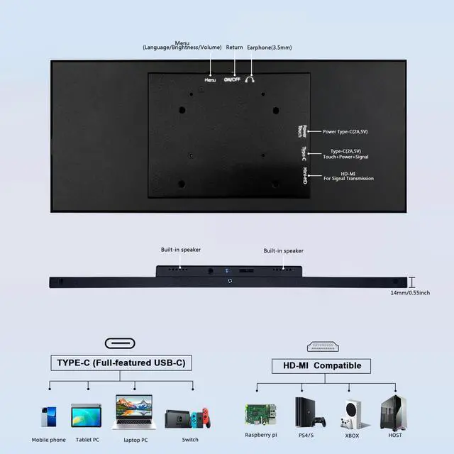 Alt view image 3 of 5 - 12.3 Inch Touch Screen Monitor IPS 1920x720 Stretched Bar LCD Mini Secondary Screen Portable Display HDMI for Laptop PC Temperature Aida64 GPU CPU RAM Monitoring