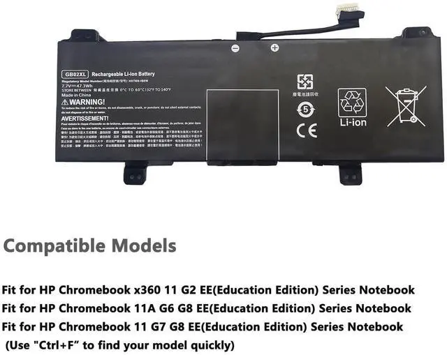 Alt view image 5 of 5 - GB02XL Laptop Battery for HP Chromebook X360 14A 14-DB 11 G8 G7 G1 G2 EE Chromebook 11A G8 G5 G6 EE Chromebook 14 G5 14-DB0051CL Series hstnn-ub7m L42583-005 L42550-271