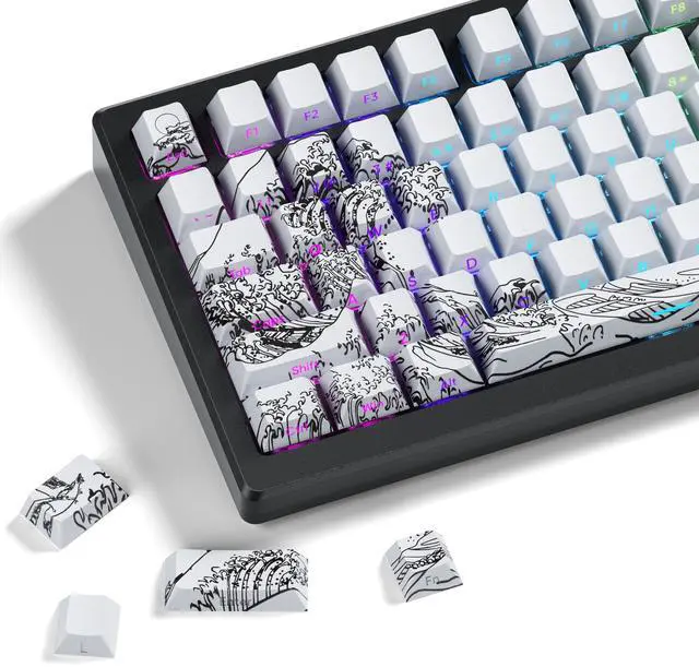 Main image of XVX Shine Through Keycaps - Double Shot PBT Keycaps 60 65 75 100 Percent, Side Print Key caps Custom 131 Keys Set, Dye Sub Wave of Kanagawa Key caps for Mechanical Keyboards, White