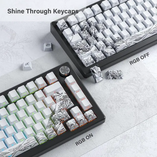 Alt view image 2 of 5 - XVX Shine Through Keycaps - Double Shot PBT Keycaps 60 65 75 100 Percent, Side Print Key caps Custom 131 Keys Set, Dye Sub Wave of Kanagawa Key caps for Mechanical Keyboards, White