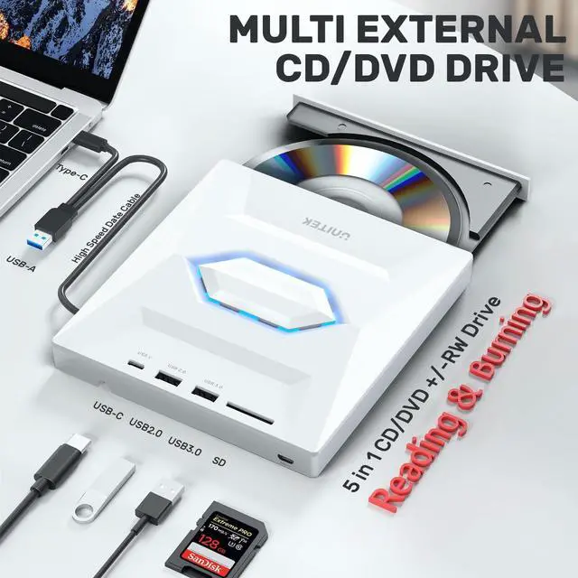 Alt view image 2 of 5 - Unitek External CD/DVD Drive USB C Portable DVD Player with SD Card Slots 3 USB Ports CD ROM Burner External Disk Drive Optical Compatible with Laptop Desktop Mac Windows 11/10/8/7 Linux