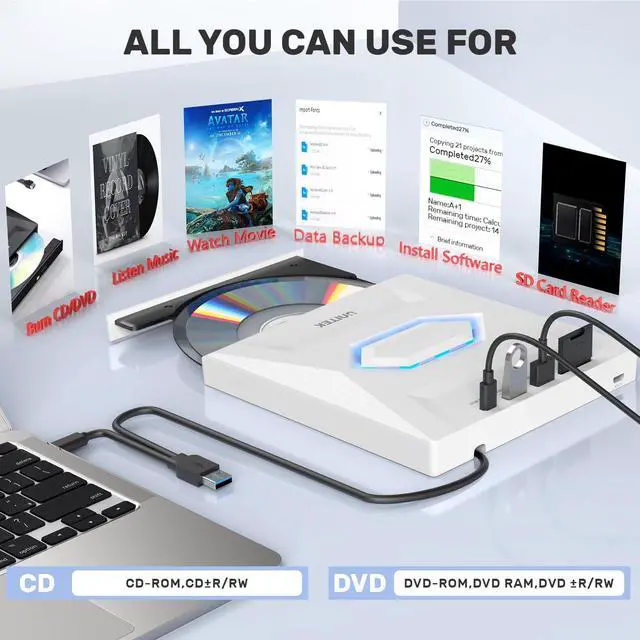 Alt view image 3 of 5 - Unitek External CD/DVD Drive USB C Portable DVD Player with SD Card Slots 3 USB Ports CD ROM Burner External Disk Drive Optical Compatible with Laptop Desktop Mac Windows 11/10/8/7 Linux