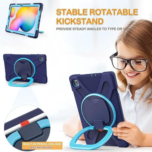 Alt view image 2 of 5 - PboyiqiS Case for Galaxy Tab S6 Lite 10.4" 2024/2020/2022 (SM-P620/P625/P610/P615/P613/P619), Heavy Duty Protective Case with S Pen Holder&360 Degree Swivel Stand&Hand Strap&Shoulder Strap (Navy+Blue)