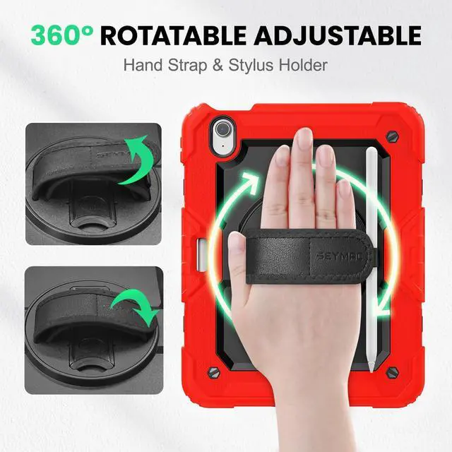 Alt view image 3 of 5 - SEYMAC Case for iPad Air 11 Inch M3 2025/M2 2024 (Air 7th/6th Generation), Heavy Duty Shockproof Protective Case with Screen Protector, Rotating Stand and Hand/Shoulder Strap, Red