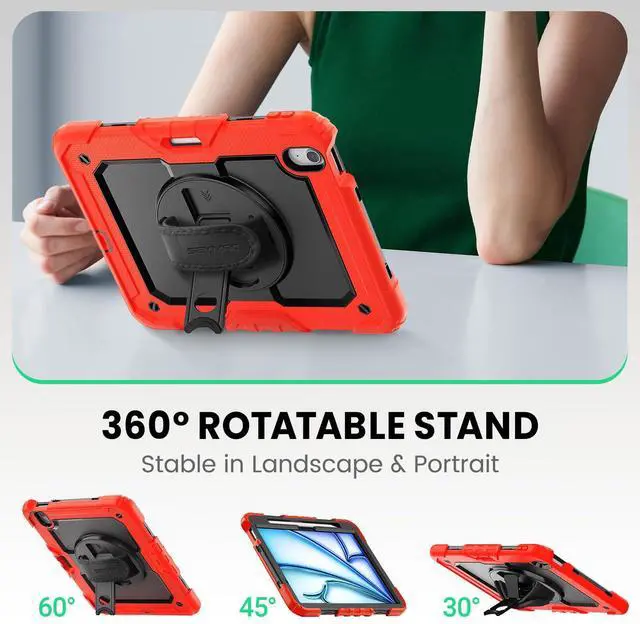 Alt view image 4 of 5 - SEYMAC Case for iPad Air 11 Inch M3 2025/M2 2024 (Air 7th/6th Generation), Heavy Duty Shockproof Protective Case with Screen Protector, Rotating Stand and Hand/Shoulder Strap, Red