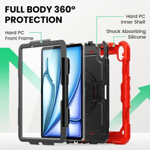 Alt view image 5 of 5 - SEYMAC Case for iPad Air 11 Inch M3 2025/M2 2024 (Air 7th/6th Generation), Heavy Duty Shockproof Protective Case with Screen Protector, Rotating Stand and Hand/Shoulder Strap, Red
