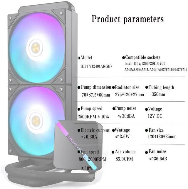 Alt view image 2 of 5 - GOLDEN FIELD HiFi YJ240 CPU Water Cooler Liquid CPU Cooler AlO Cooler240mm Radiator, Dual 120mm ARGB PWM Cooling Fans, Intel1700,115X,1366,2011,AMD AM5-black
