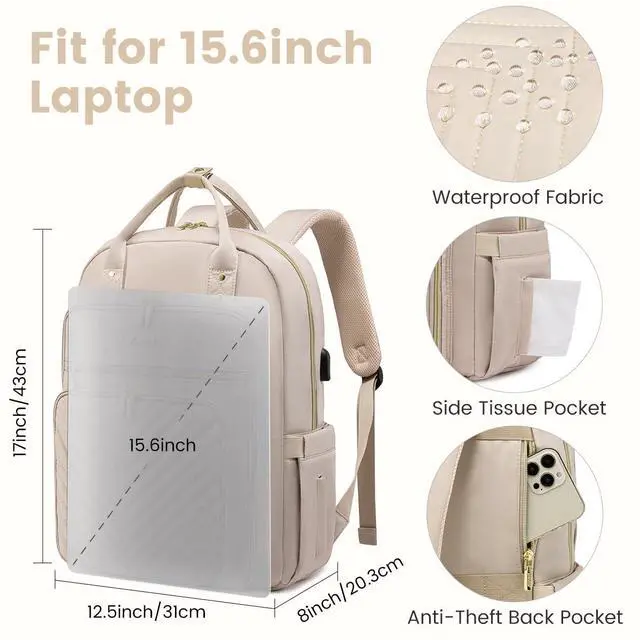 Alt view image 5 of 5 - LOVEVOOK Laptop Backpack Women Teacher Backpack,15.6 Inch Laptop Bag with USB Port,Waterproof Daypack for Work Travel Antiquewhite