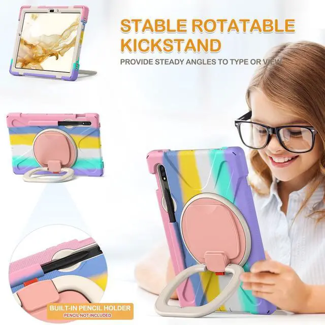 Alt view image 3 of 5 - BRAECN Case for Galaxy Tab S9/S8/S7 11 Inch SM-X710/X700/T870, Rugged Silicone Cover with Stable Kickstand, S Pen Holder, 360°Rotating Handel Grip, Shoulder Strap for Galaxy Tab S9 2023, Colorful Pink