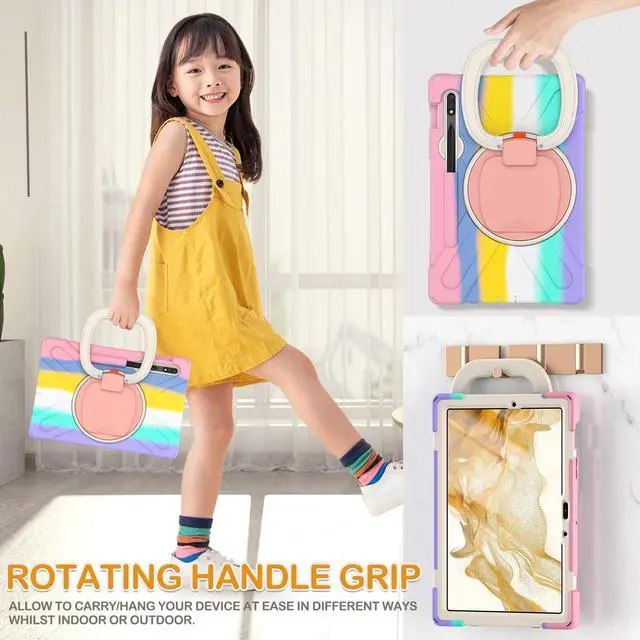 Alt view image 4 of 5 - BRAECN Case for Galaxy Tab S9/S8/S7 11 Inch SM-X710/X700/T870, Rugged Silicone Cover with Stable Kickstand, S Pen Holder, 360°Rotating Handel Grip, Shoulder Strap for Galaxy Tab S9 2023, Colorful Pink