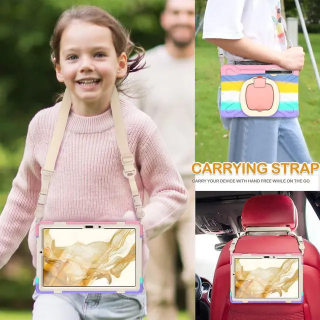 Alt view image 5 of 5 - BRAECN Case for Galaxy Tab S9/S8/S7 11 Inch SM-X710/X700/T870, Rugged Silicone Cover with Stable Kickstand, S Pen Holder, 360°Rotating Handel Grip, Shoulder Strap for Galaxy Tab S9 2023, Colorful Pink