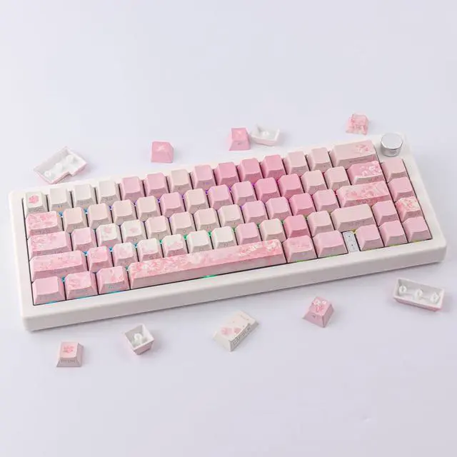 Alt view image 3 of 5 - Tsungup Keycaps Cherry Blossom Tie-Dye Keycap Set - Custom Side Printed PBT Pink Keycaps,131 Keys Gradient DoubleShot Sakura Key caps Cherry Profile Keyboard Key caps for Mechanical Keyboards