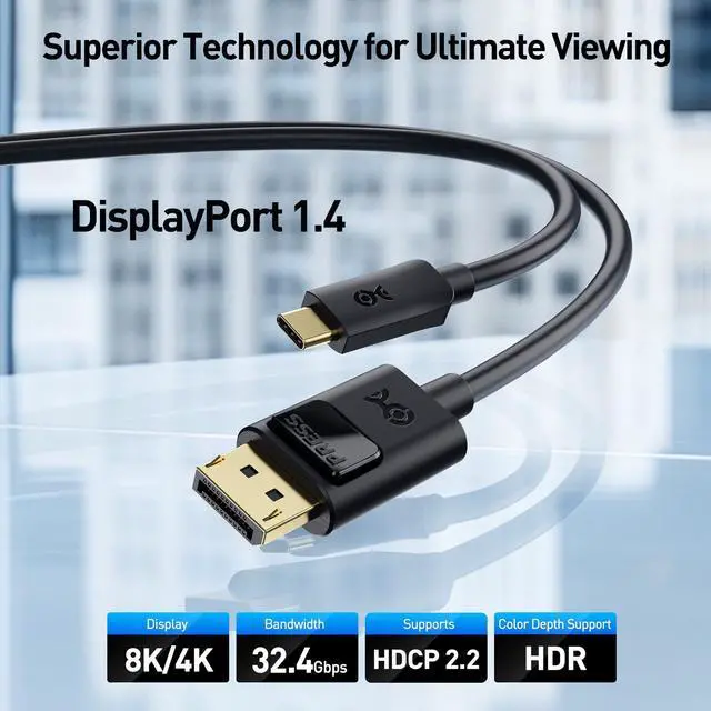 Alt view image 2 of 5 - Cable Matters Unidirectional USB C to DisplayPort 1.4 Cable - 10ft, Support 8K@60Hz / 4K@240Hz, Thunderbolt 4 to DisplayPort Cable, Display Port to USB C, Black - Not for Portable USBC Monitor