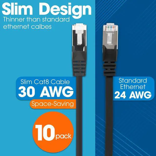Alt view image 2 of 5 - Intellinet Slim Cat8 Ethernet Network Patch Cable  10-Pack - 40Gbps & 2000MHz, Snagless Boot, 30AWG Pure Bare Copper Wire, Gold-Plated Contacts, Lifetime Mfg Warranty  5ft, 10 Pack, Black