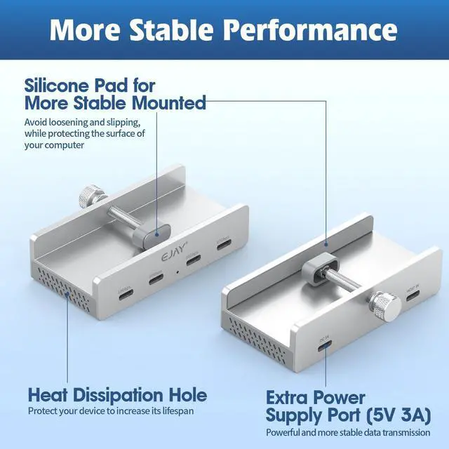 Alt view image 5 of 5 - EJAY 10Gbps USB C Hub 4Ports Aluminum USB 3.2 Docking Hub Clamp Design for Desk/Computor with Extra Power Supply Port and 47inches Long Data Cable&39inches Power Cable (Sliver)