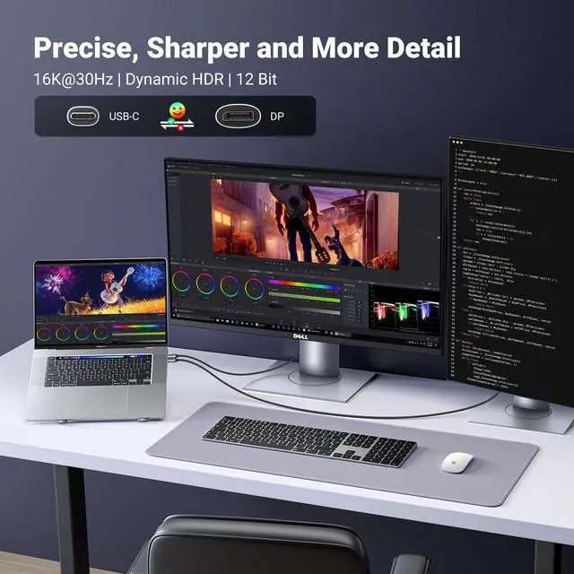 Alt view image 5 of 5 - UGREEN USB C to DisplayPort 2.1 Cable 40Gbps 16K@30Hz 8K@120Hz Thunderbolt 4/3 to DisplayPort Cord Bundle with 8K HDMI 2.1 Cable 48Gbps 6.6FT, Certified Ultra High Speed HDMI Cord Aluminum, 4K@240Hz