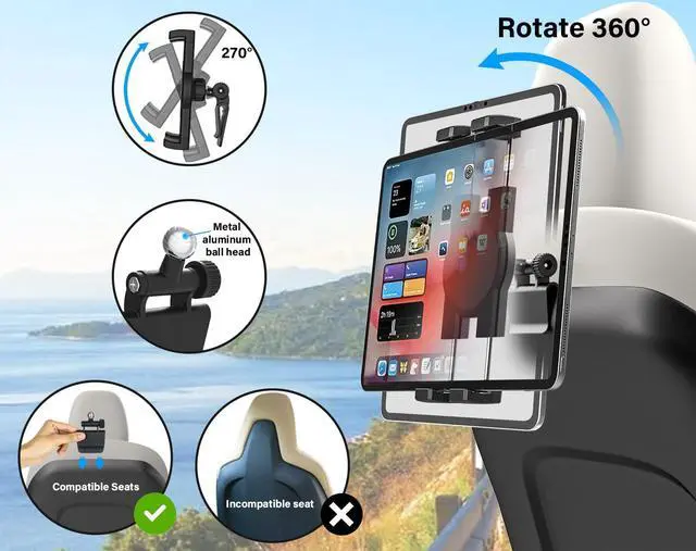 Alt view image 4 of 5 - YOOZ Tesla Tablet Mount Back Seat, Tesla Model Y Model 3 Headrest Tablet Holder for Kids [Metal Ball Head & 360° Rotation] for iPad Pro 12.9 Air Mini, Galaxy Tab, Fire, Switch, iPhone, 4-13"