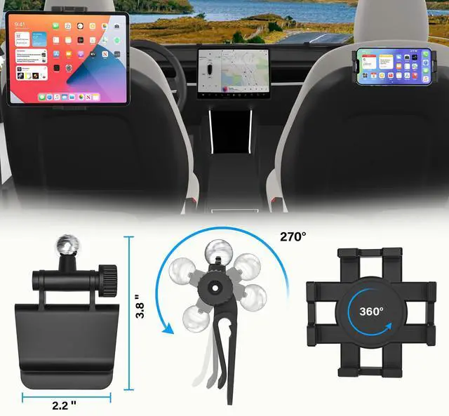 Alt view image 3 of 5 - YOOZ Tesla Tablet Mount Back Seat, Tesla Model Y Model 3 Headrest Tablet Holder for Kids [Metal Ball Head & 360° Rotation] for iPad Pro 12.9 Air Mini, Galaxy Tab, Fire, Switch, iPhone, 4-13"