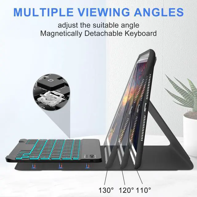 Alt view image 4 of 5 - for iPad 9.7 inch case with Keyboard, iPad 6th Gen (2018), 5th Gen (2017), Air 2,1 (2014), 7 Color Backlit, Detachable Wireless Bluetooth Keyboard, Slim & Light Folio Cover with Pencil Holder,black