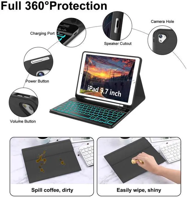 Alt view image 5 of 5 - for iPad 9.7 inch case with Keyboard, iPad 6th Gen (2018), 5th Gen (2017), Air 2,1 (2014), 7 Color Backlit, Detachable Wireless Bluetooth Keyboard, Slim & Light Folio Cover with Pencil Holder,black