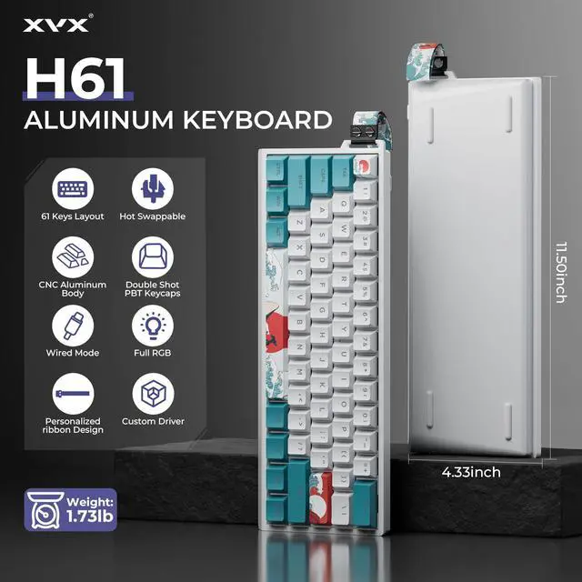 Alt view image 2 of 5 - HITIME x XVX 60% Percent Keyboard with Strap, H61 Wired Aluminum Gaming Keyboard, Hot Swappable, Kanagawa Anime PBT Keycaps, RGB Backlit, Cherry Profile, Sound Absorbing Pads, Creamy Linear Switch
