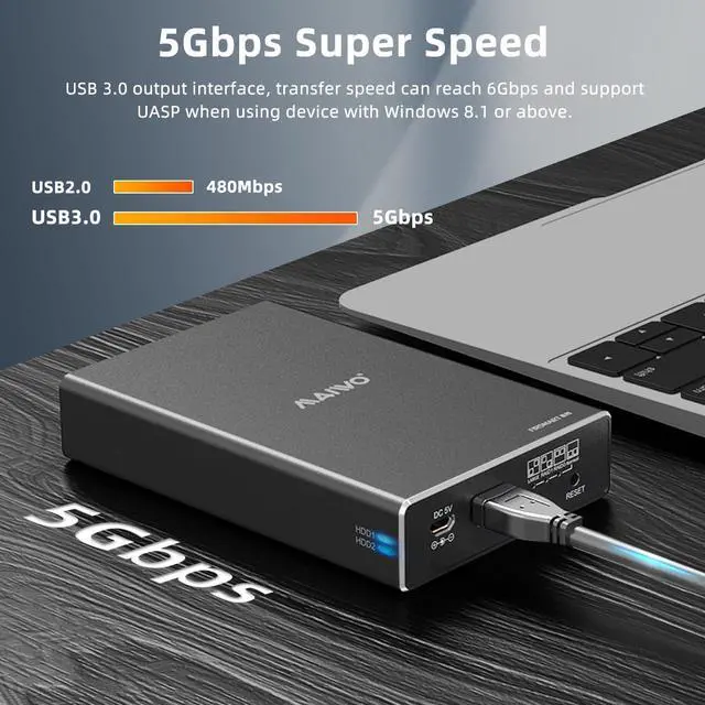 Alt view image 2 of 5 - MAIWO Hard Drive RAID Enclosure Dual Bay for 2.5 Inch SATA SSD HDD, USB 3.0 6Gbps with UASP, RAID 0/1/JBOD/PM, 16TB Capacity, External Hard Drive Case Reader Aluminum