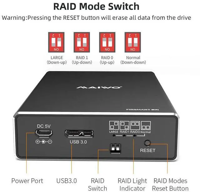 Alt view image 4 of 5 - MAIWO Hard Drive RAID Enclosure Dual Bay for 2.5 Inch SATA SSD HDD, USB 3.0 6Gbps with UASP, RAID 0/1/JBOD/PM, 16TB Capacity, External Hard Drive Case Reader Aluminum