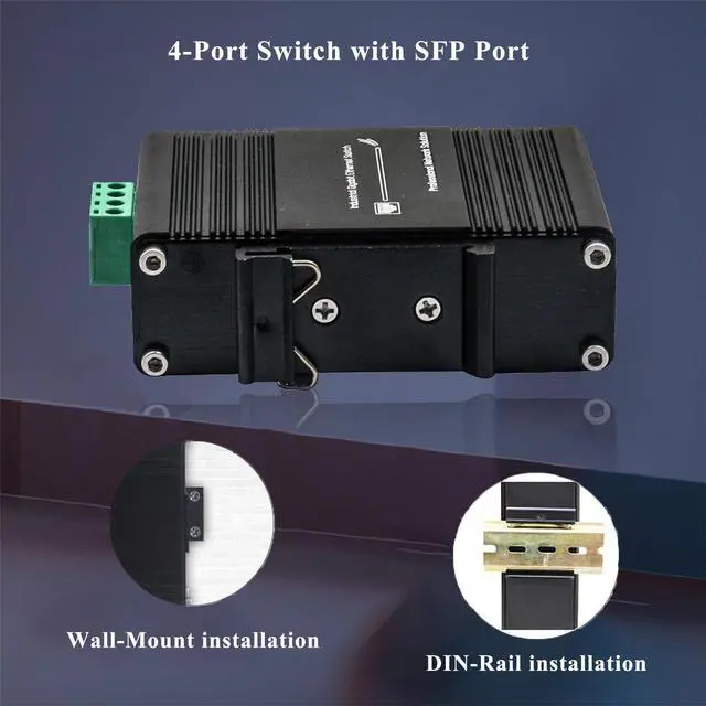 Alt view image 2 of 5 - Mini Industrial 4-Port Gigabit Ethernet Switch - 10/100/1000T + 1 SFP Port, 12-48VDC Input, Rugged Design, DIN-Rail/Wall Mount, Wide Temp Range