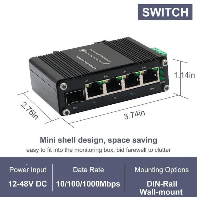 Alt view image 4 of 5 - Mini Industrial 4-Port Gigabit Ethernet Switch - 10/100/1000T + 1 SFP Port, 12-48VDC Input, Rugged Design, DIN-Rail/Wall Mount, Wide Temp Range