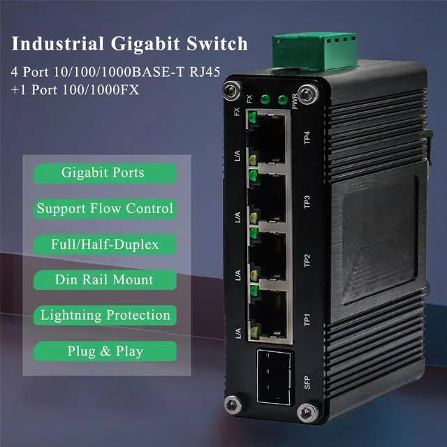 Alt view image 3 of 5 - Mini Industrial 4-Port Gigabit Ethernet Switch - 10/100/1000T + 1 SFP Port, 12-48VDC Input, Rugged Design, DIN-Rail/Wall Mount, Wide Temp Range