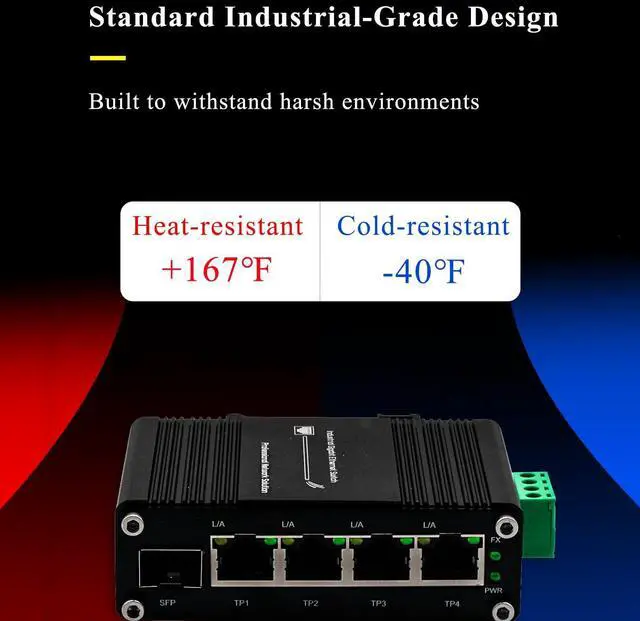 Alt view image 5 of 5 - Mini Industrial 4-Port Gigabit Ethernet Switch - 10/100/1000T + 1 SFP Port, 12-48VDC Input, Rugged Design, DIN-Rail/Wall Mount, Wide Temp Range