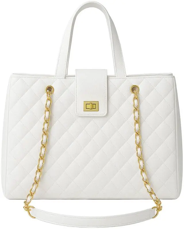 Main image of Quilted Laptop Bag for Women, 15.6 inch PU Leather Shoulder Purse Tote Business Office Messenger Casual Handbag (White)
