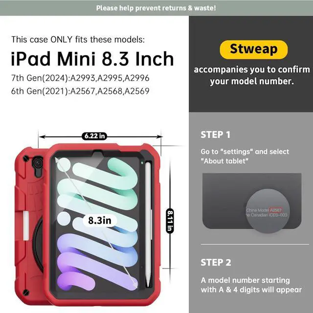 Alt view image 2 of 5 - Stweap for iPad mini 7 A17 Pro/iPad mini 6 8.3 Inch Case, iPad mini 7th/6th Generation Case (2024/2021) with Pencil Holder/Kickstand, Hand Strap/Shoulder Strap,Red+Black