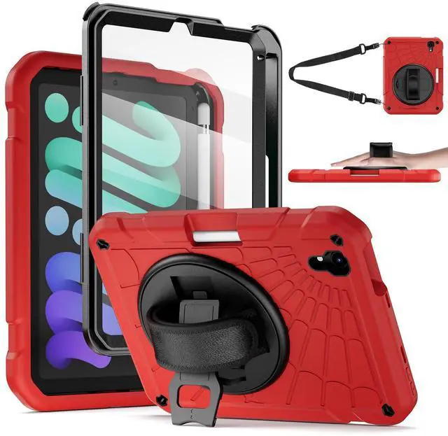 Main image of Stweap for iPad mini 7 A17 Pro/iPad mini 6 8.3 Inch Case, iPad mini 7th/6th Generation Case (2024/2021) with Pencil Holder/Kickstand, Hand Strap/Shoulder Strap,Red+Black