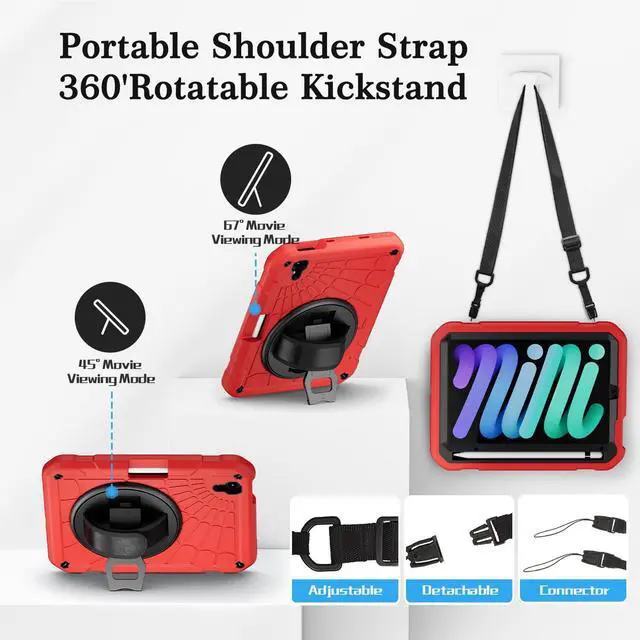 Alt view image 4 of 5 - Stweap for iPad mini 7 A17 Pro/iPad mini 6 8.3 Inch Case, iPad mini 7th/6th Generation Case (2024/2021) with Pencil Holder/Kickstand, Hand Strap/Shoulder Strap,Red+Black