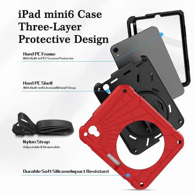 Alt view image 5 of 5 - Stweap for iPad mini 7 A17 Pro/iPad mini 6 8.3 Inch Case, iPad mini 7th/6th Generation Case (2024/2021) with Pencil Holder/Kickstand, Hand Strap/Shoulder Strap,Red+Black