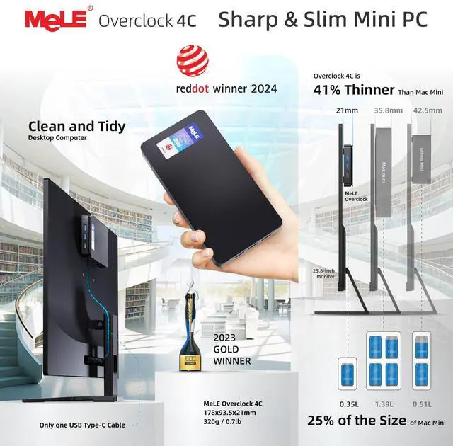 Alt view image 3 of 5 - MeLE Overclock4C N300 Mini PC (up to 3.8GHz 8C/8T) 16GB DDR4 512GB Micro Desktop Computer, 4K Triple Display, All-in-one USB-C, USB3.2/WiFi/BT/Ethernet on Business Home Office