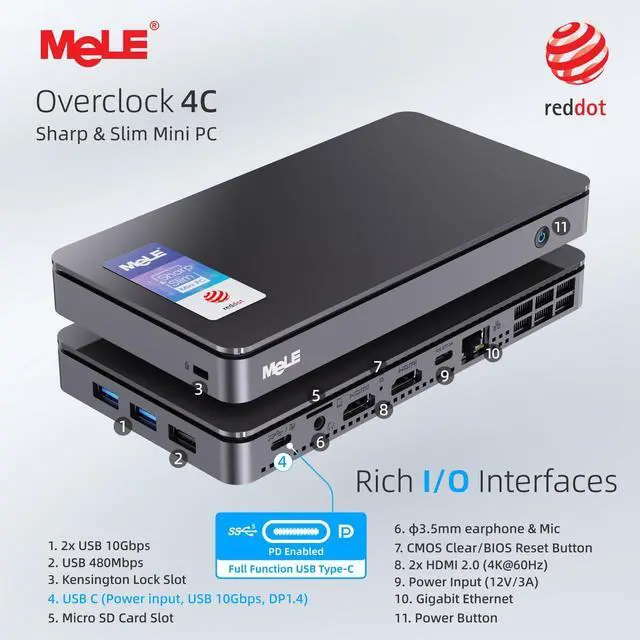Alt view image 2 of 5 - MeLE Overclock4C N300 Mini PC (up to 3.8GHz 8C/8T) 16GB DDR4 512GB Micro Desktop Computer, 4K Triple Display, All-in-one USB-C, USB3.2/WiFi/BT/Ethernet on Business Home Office
