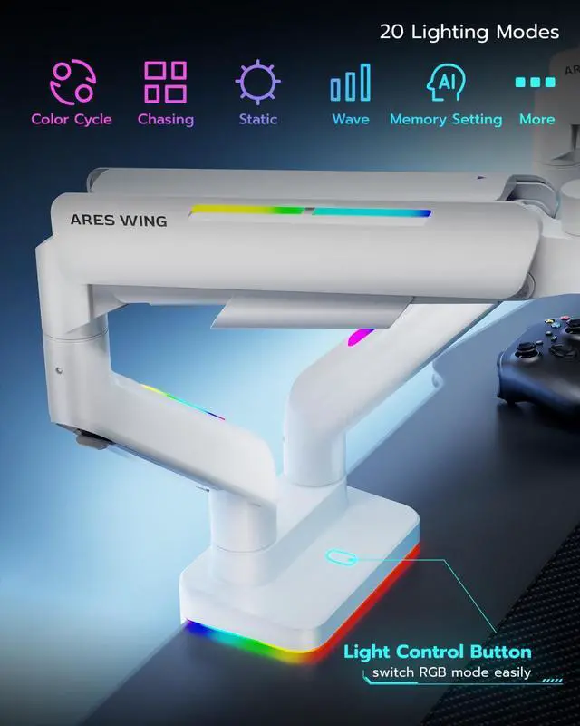 Alt view image 5 of 5 - ARES WING Multiple Monitor Stand for 17 to 35 inch, Monitor Stand for Desk 2 Monitors with RGB, PRO Holds Up to 44 Lbs Per Mount with Gas Spring White
