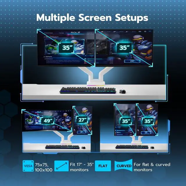 Alt view image 3 of 5 - ARES WING Multiple Monitor Stand for 17 to 35 inch, Monitor Stand for Desk 2 Monitors with RGB, PRO Holds Up to 44 Lbs Per Mount with Gas Spring White