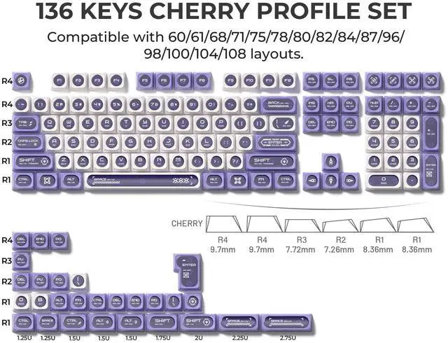 Alt view image 2 of 5 - OHY XVX White and Purple Shine Through Keycaps for Mechanical Keyboards - 136 Keys White Translucent Cat Eye Design,Cherry MAX Profile, PC+PBT Frosted RGB Keycaps