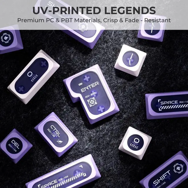 Alt view image 3 of 5 - OHY XVX White and Purple Shine Through Keycaps for Mechanical Keyboards - 136 Keys White Translucent Cat Eye Design,Cherry MAX Profile, PC+PBT Frosted RGB Keycaps