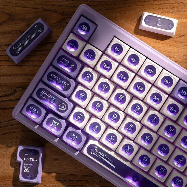Alt view image 4 of 5 - OHY XVX White and Purple Shine Through Keycaps for Mechanical Keyboards - 136 Keys White Translucent Cat Eye Design,Cherry MAX Profile, PC+PBT Frosted RGB Keycaps