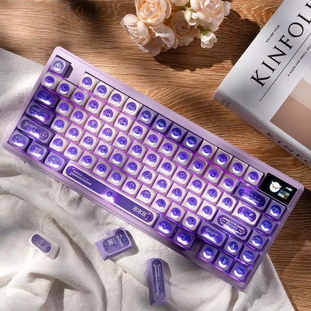 Alt view image 5 of 5 - OHY XVX White and Purple Shine Through Keycaps for Mechanical Keyboards - 136 Keys White Translucent Cat Eye Design,Cherry MAX Profile, PC+PBT Frosted RGB Keycaps
