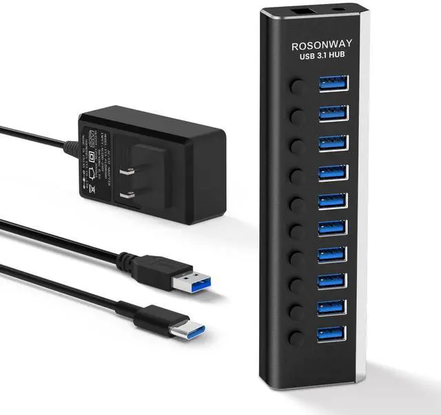 Main image of Powered USB Hub, Rosonway 10 Port USB 3.1/3.2 Gen 2 Hub 10Gbps with 36W (12V/3A) Power Adapter, Type A and Type C Cables, Aluminum USB C Hub Splitter for PC and Laptop (RSH-A10S)