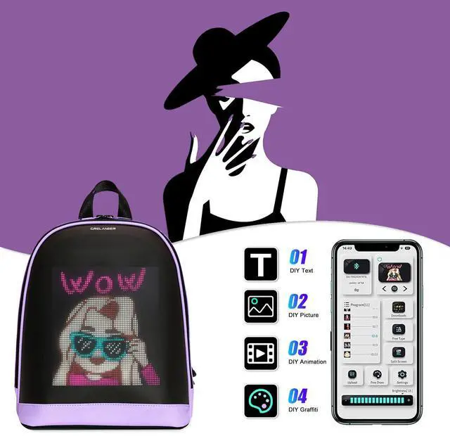 Alt view image 2 of 5 - Crelander LED Backpack, Small Laptop Backpack with Programmable Screen Small Smart Dynamic Fashion Shoulder Bag for Women Daily Use Cycling Travel Daypack App Control, 12 inch (purple)