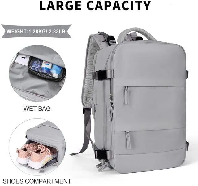 Alt view image 4 of 5 - Coowoz Large Travel Backpack For Women Men, Flight Approved, Waterproof Outdoor Sports Rucksack, Casual Daypack, Fit 15.6 Inch Laptop Shoes, Grey