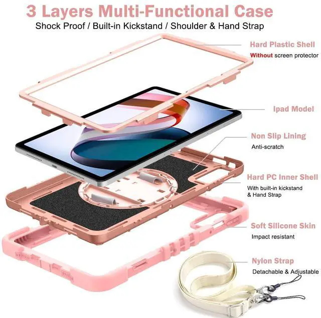 Alt view image 2 of 5 - YOUULAR Tablet Case for Xiaomi Redmi Pad 10.61 inches 22081283G, Tablet Shockproof Cover with 360° Rotating Stand and Wrist Strap, Shoulder Strap Pink Gold